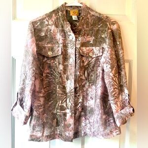 Ruby Rd Taupe Pink Metallic Silver Floral Sheer Camp Style Blouse Sz 14 Neutrals